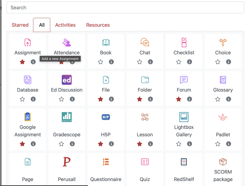 Screenshot of Moodle activity choose with the mouse hovering over the Assignment activity